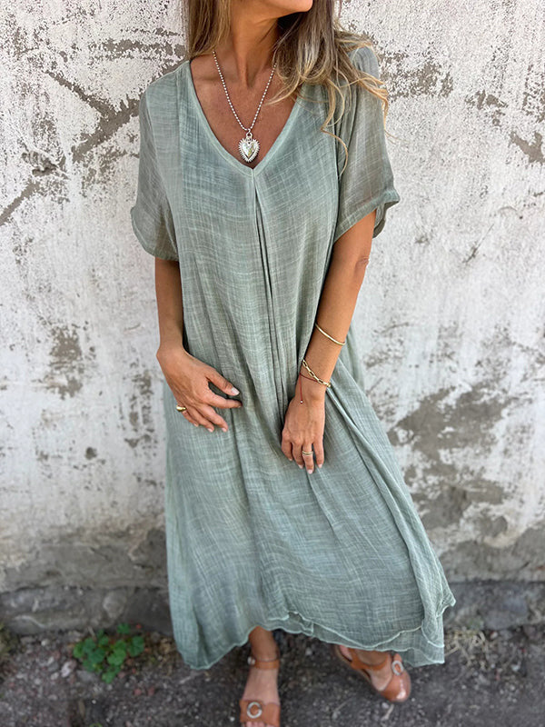 Casual kaftan style V-neck kimono midi dress for women, ideal for comfortable summer wear.