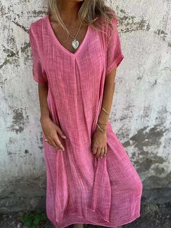 Comfortable women's V-neck kimono midi dress with a tiered, flowy design, great for casual elegance.