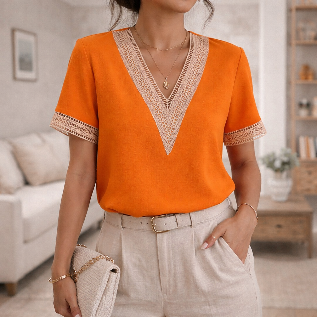 Versatile women's V-neck top featuring intricate lace trim & short sleeves for year-round style.