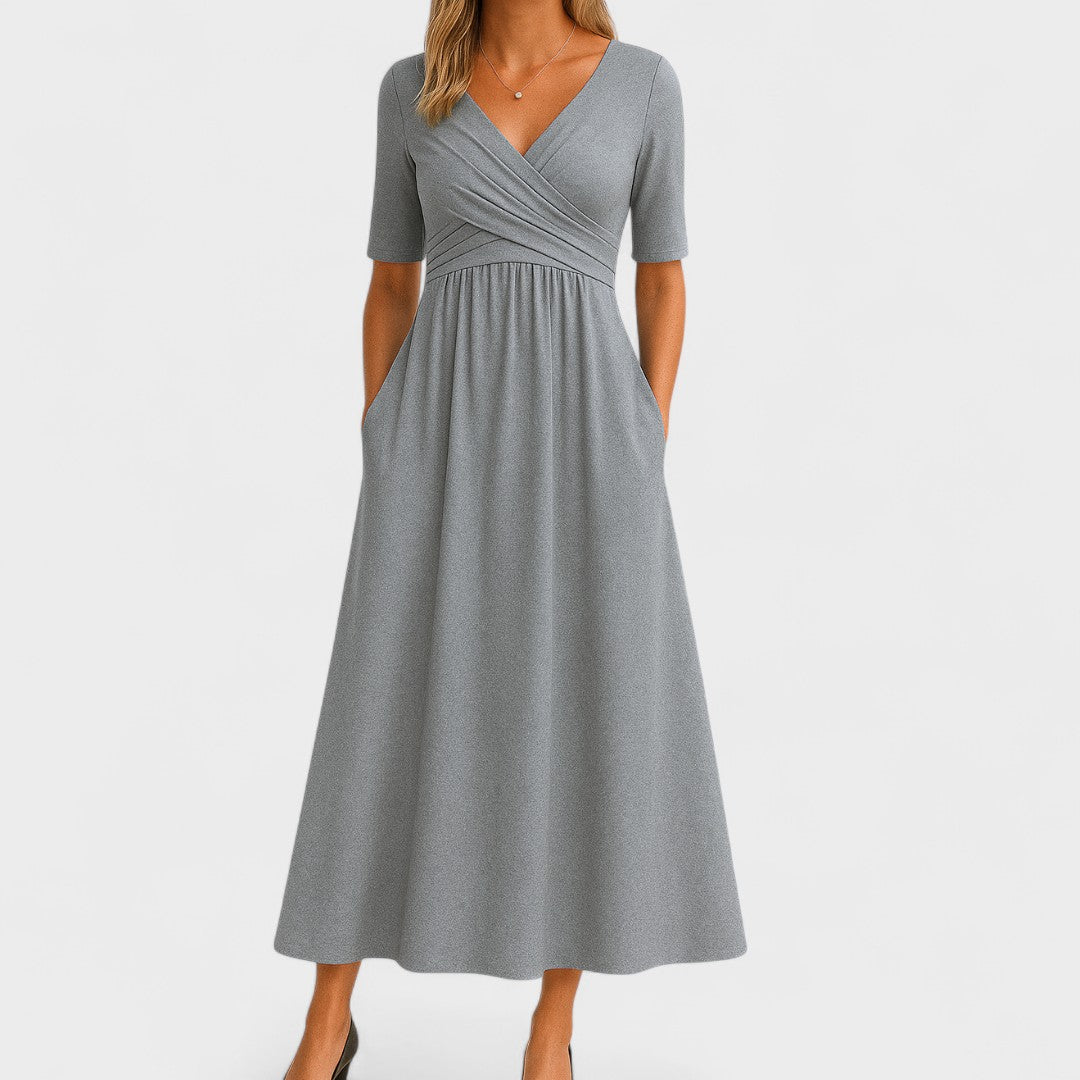 Women's V-neck midi dress with short sleeves, perfect for elegant occasions & versatile style.