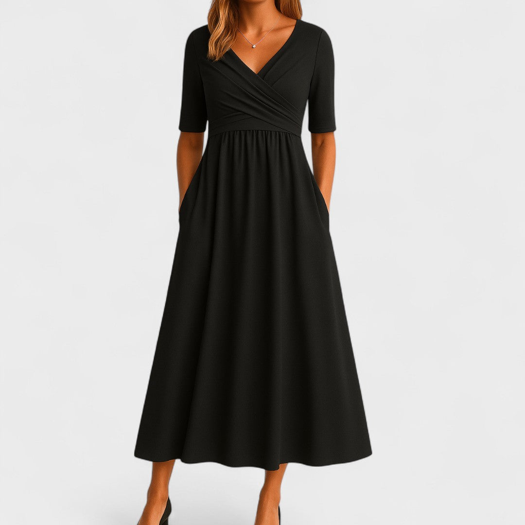 Elegant women's short-sleeve V-neck midi dress, ideal for party wear, summer events & smart casual.