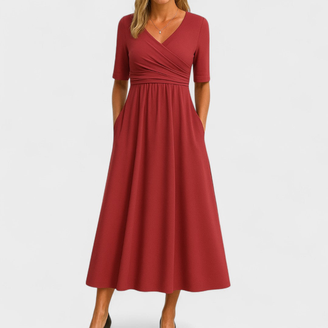 Sophisticated women's midi dress with V-neck & short sleeves, great for elegant occasions & versatile fashion.