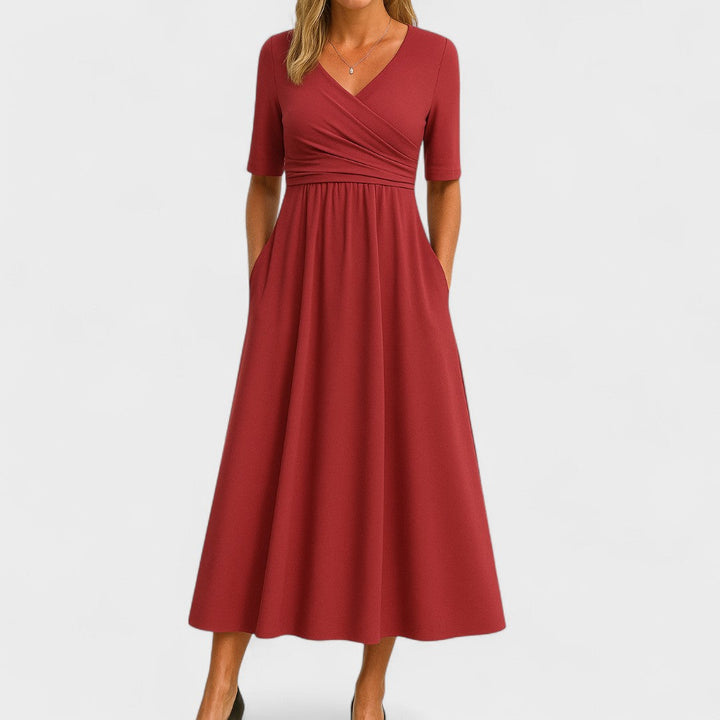 Sophisticated women's midi dress with V-neck & short sleeves, great for elegant occasions & versatile fashion.