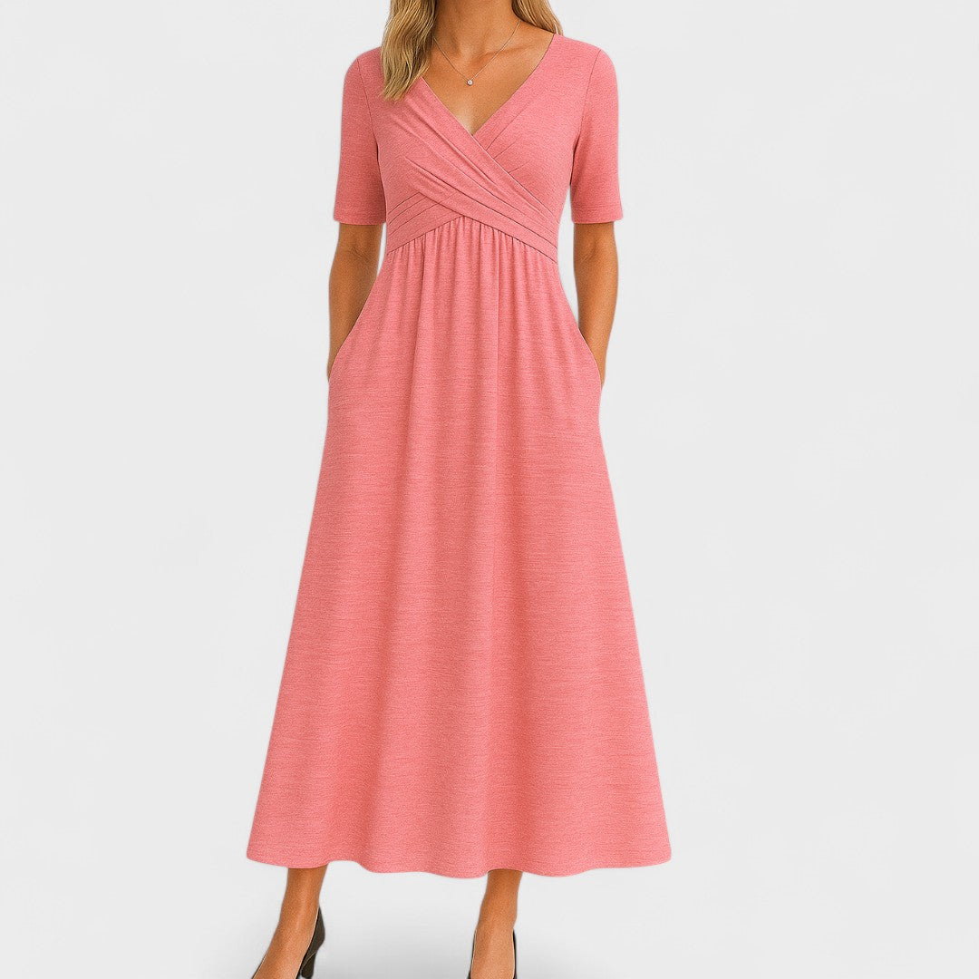 Flattering women's V-neck short-sleeve midi dress, designed for elegant occasions, party wear, and versatile style.