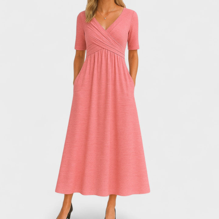 Flattering women's V-neck short-sleeve midi dress, designed for elegant occasions, party wear, and versatile style.