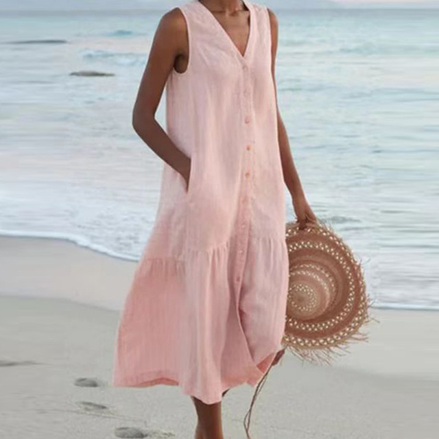 Back view of an elegant women's sleeveless midi dress, highlighting its comfortable fit and A-line silhouette.
