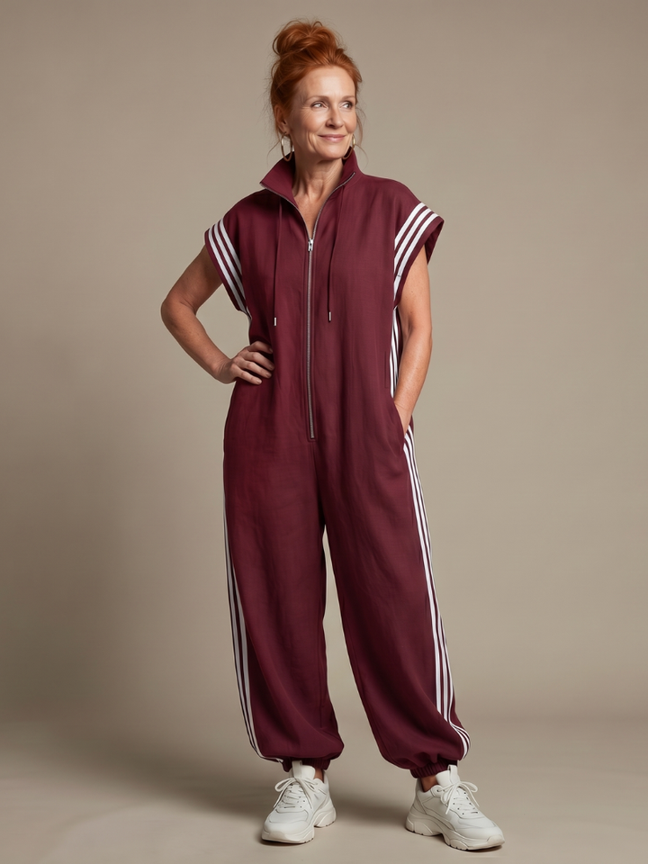 Women's versatile striped zip front jumpsuit, perfect for casual and work wear.