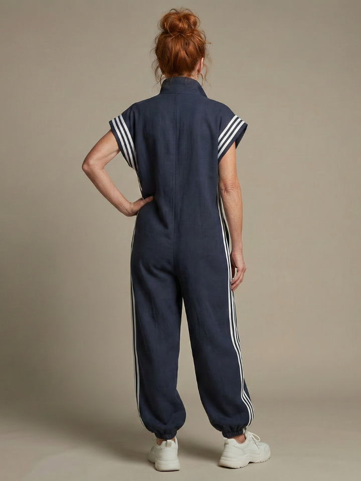 Comfortable women's striped jumpsuit with a functional zip front, great for versatility.