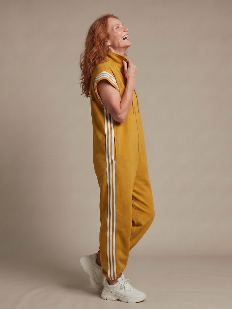 Versatile women's one-piece jumpsuit with stripes and a practical zip front closure.