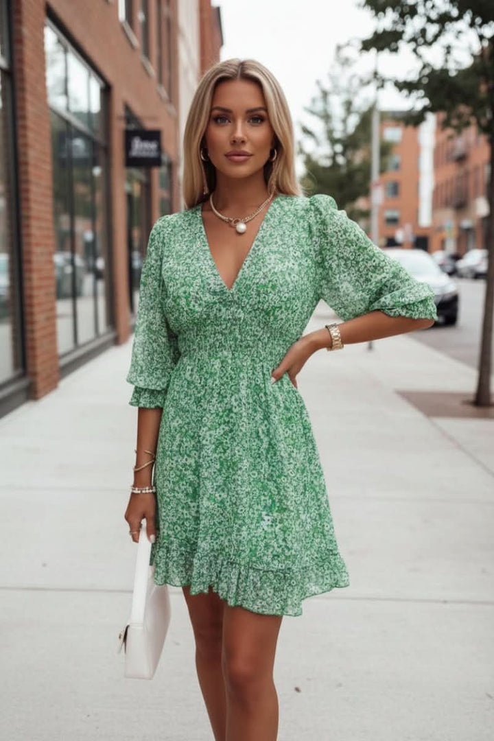Unique women's autumn mini dress with a vivid print. A chic casual dress with an elegant, flattering silhouette.
