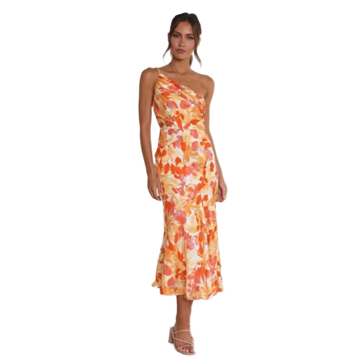 Vibrant floral print women's midi dress, sleeveless, asymmetric hem, ideal for elegant parties.
