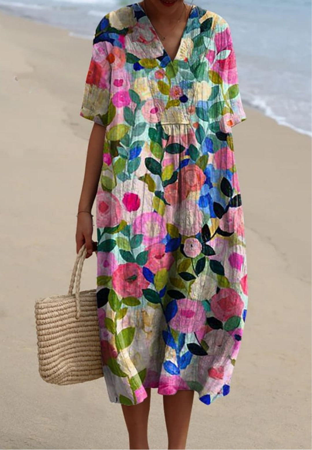 Women's vibrant floral garden print flowy midi dress, perfect for summer casual wear or elegant spring events.