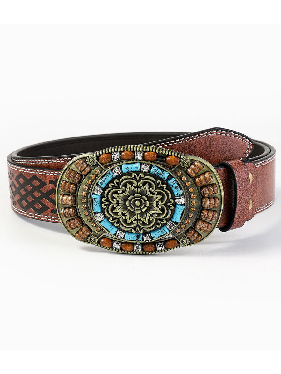 Boho-chic women's PU leather belt decorated with unique gem flowers, perfect for casual and styled outfits.