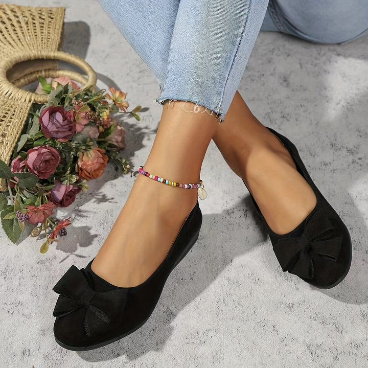 Stylish slip-on wedge ballet flats for women, round toe, and an elegant bow, versatile footwear.