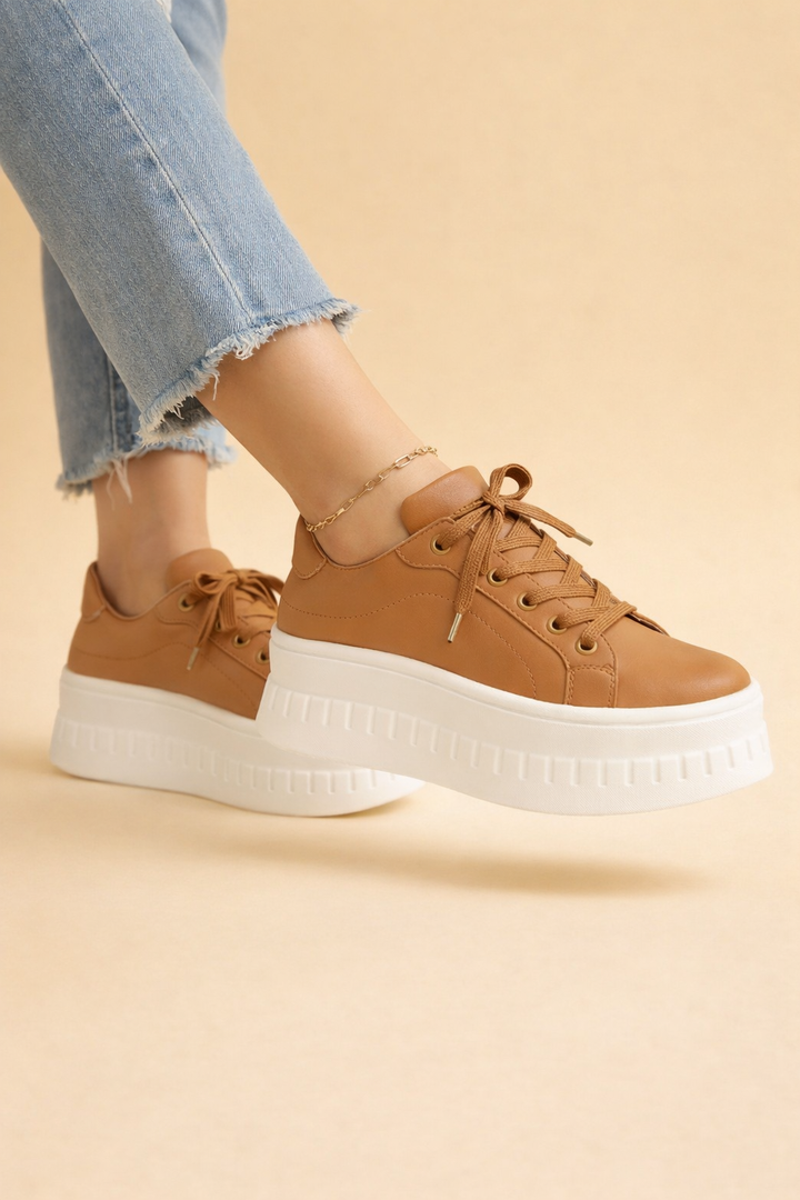 Women's white platform sneakers with thick cushioned sole, perfect for stylish everyday wear.