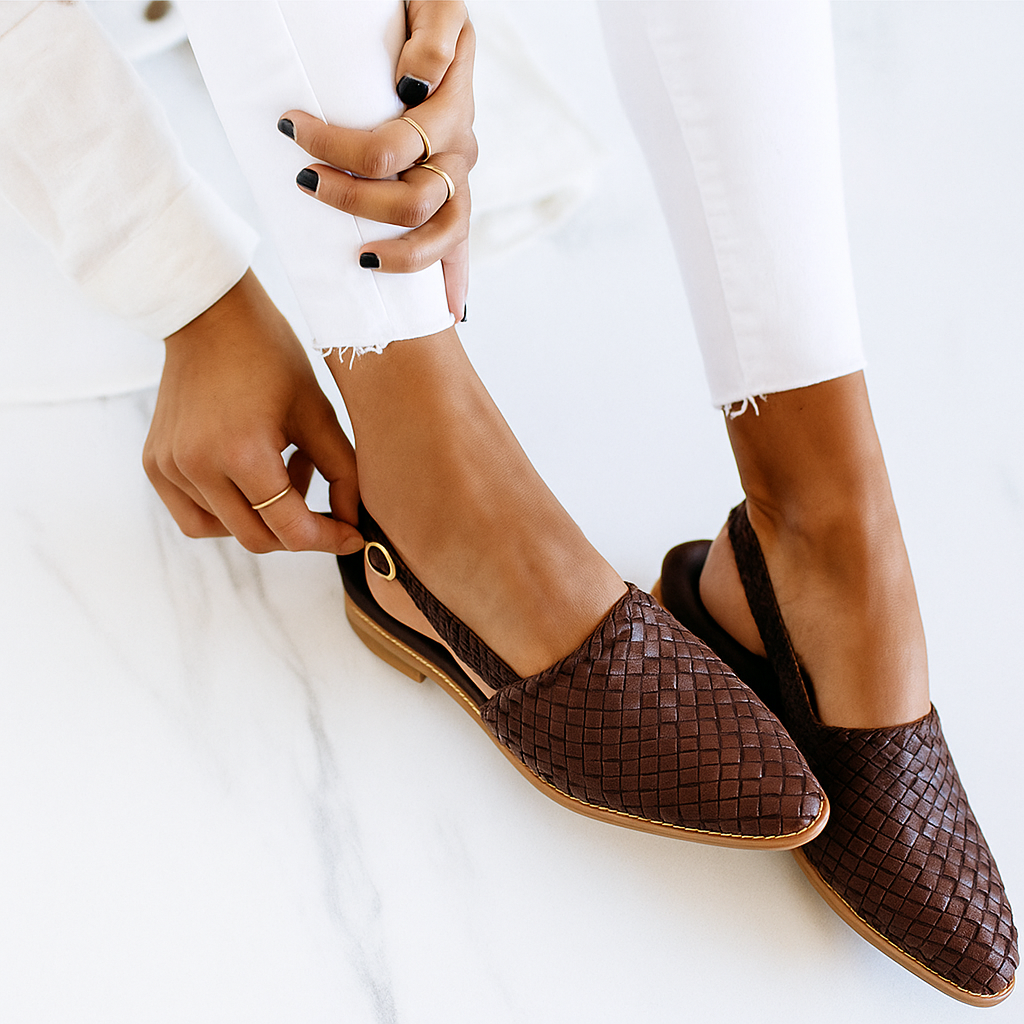 Smart casual women's mules, black woven closed toe slip-on flats for versatile styling.