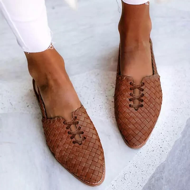 Fashionable women's woven pointed toe flat loafers. Versatile and elegant for spring & summer wear.