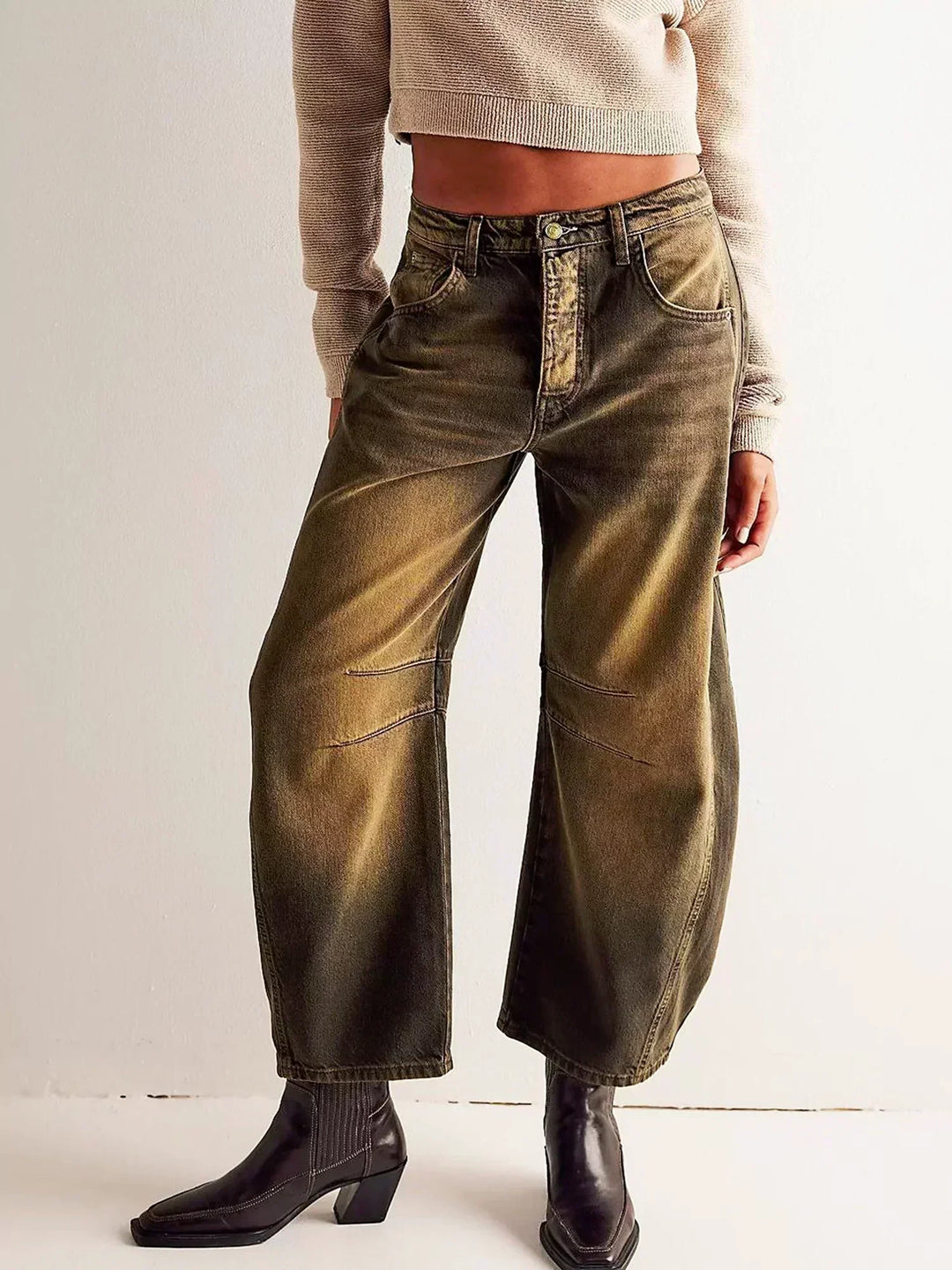 Comfortable high-waisted wide-leg women's jeans, a stylish choice for everyday casual fashion apparel.