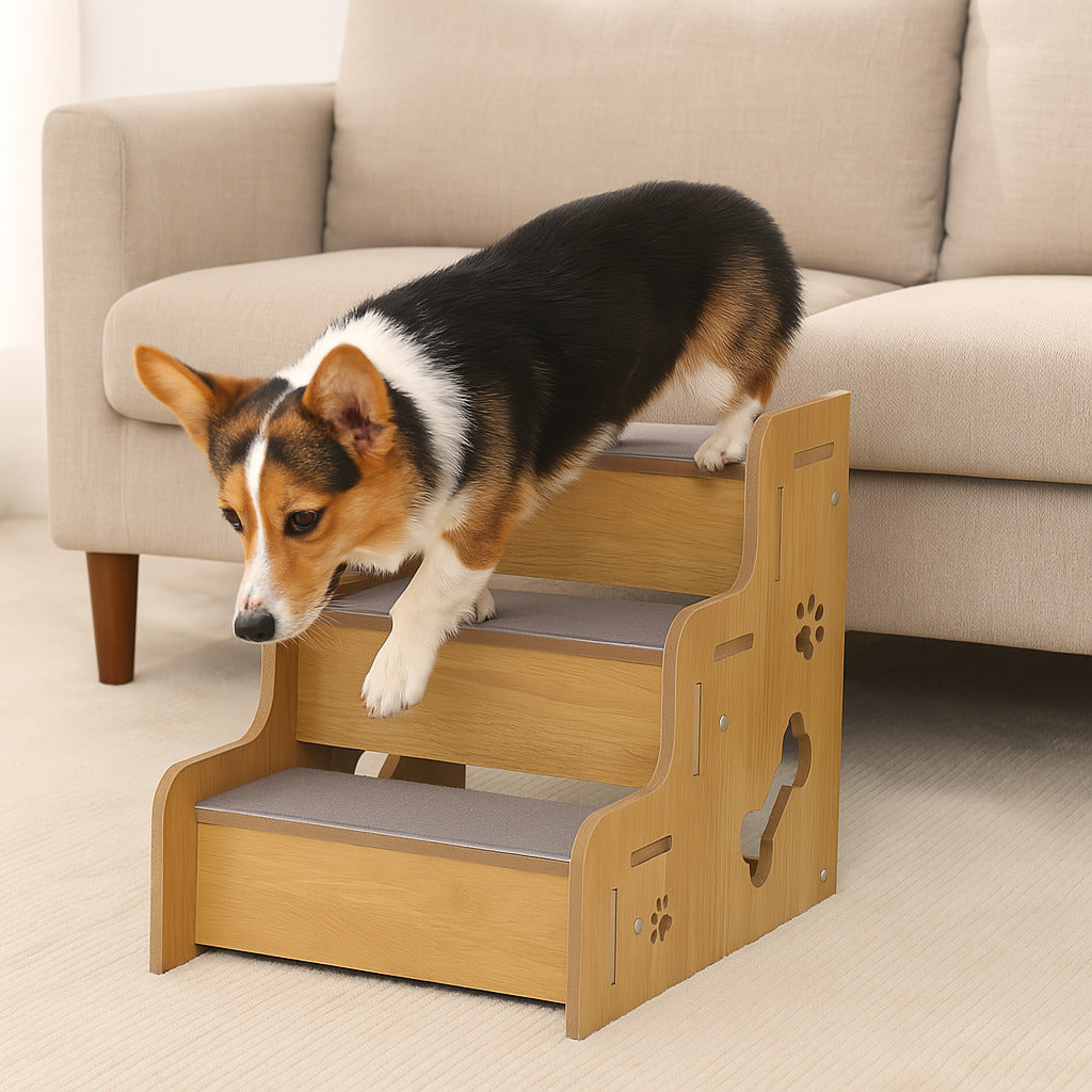 Wood non-slip dog stairs for pet mobility support, ideal for senior or small breed dogs.