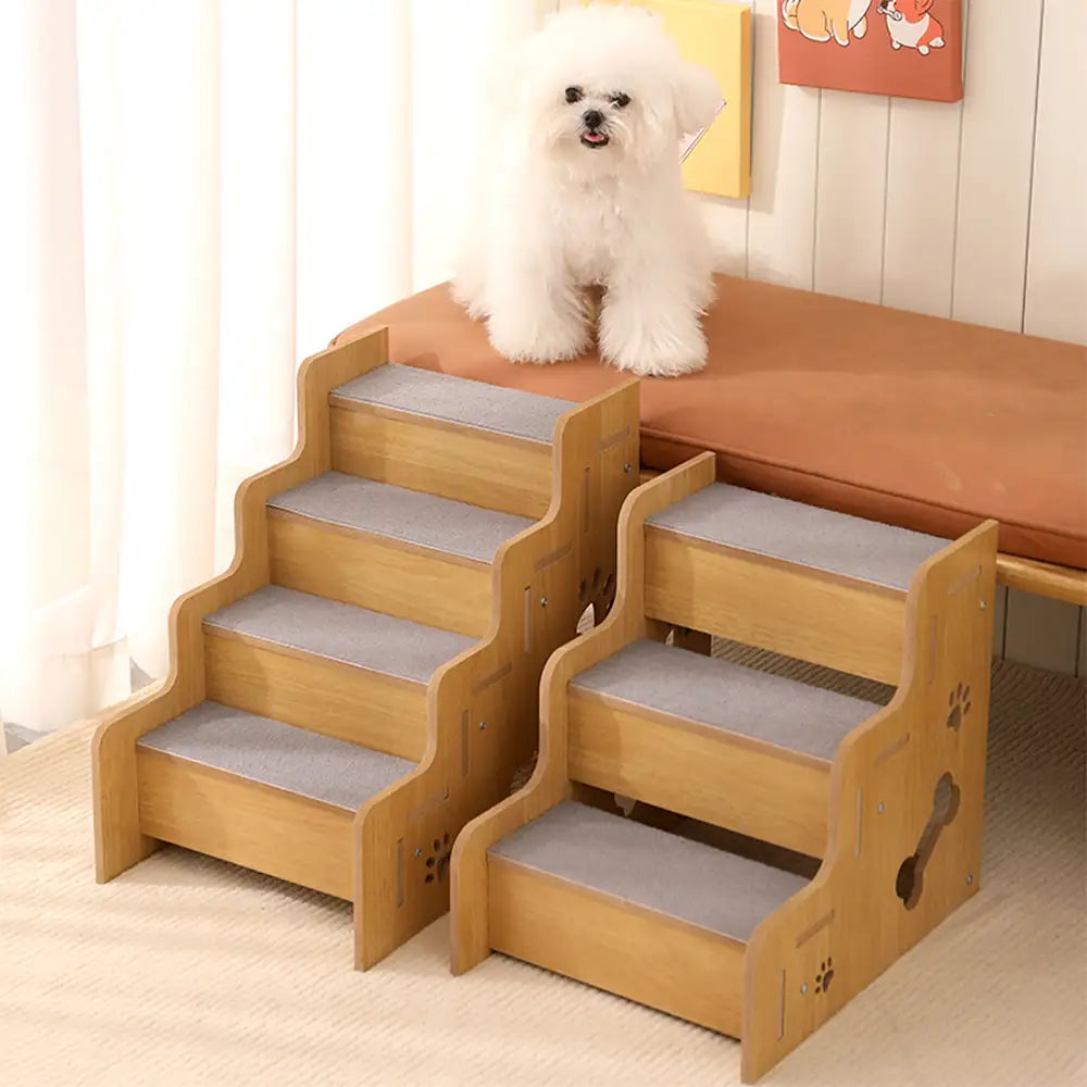 Non-slip wood dog stairs, 3-step pet ramp for enhanced pet mobility and care.
