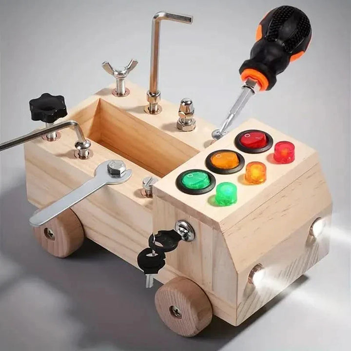 Durable wooden busy board for kids, enhances fine motor skills & cognitive development. Educational toddler toy.