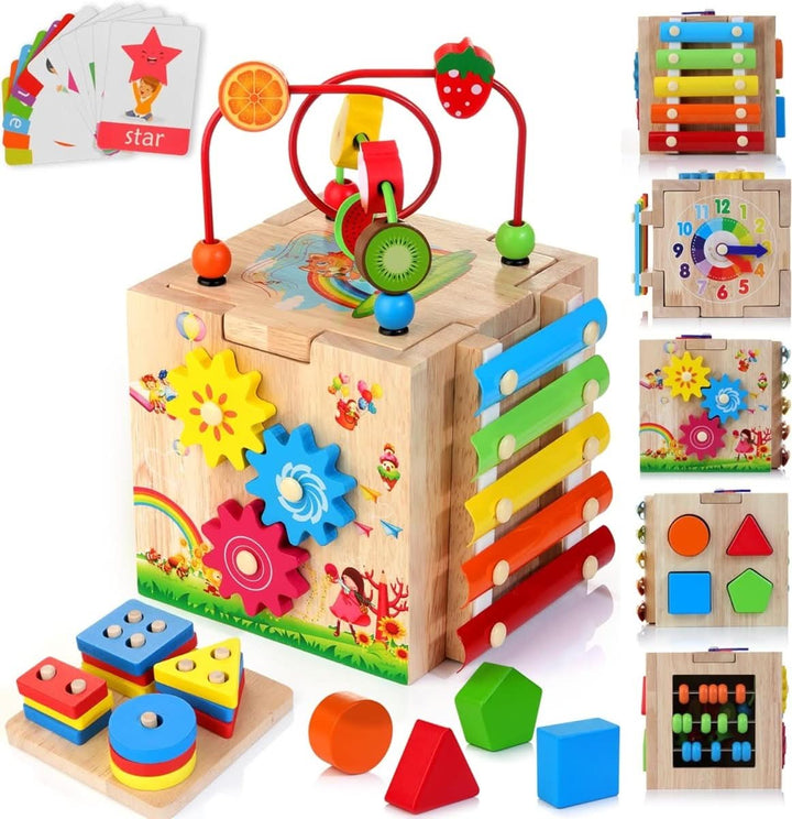 Toddler activity cube enhancing fine motor skills, problem-solving, & sensory development for early learning.