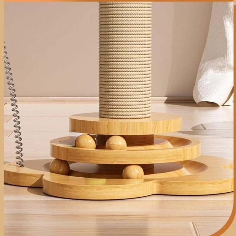 Durable wooden cat scratcher featuring a sisal post and dangling play balls, perfect pet furniture for active cats.