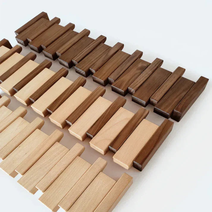 Space-saving piano style wall mount coat rack. Elegant wood finish for modern home decor & entryway organization.