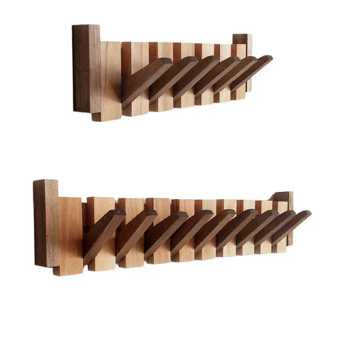 Unique piano design wall mount hook rack in wood finish. Stylish, space-saving entryway organization & decor.