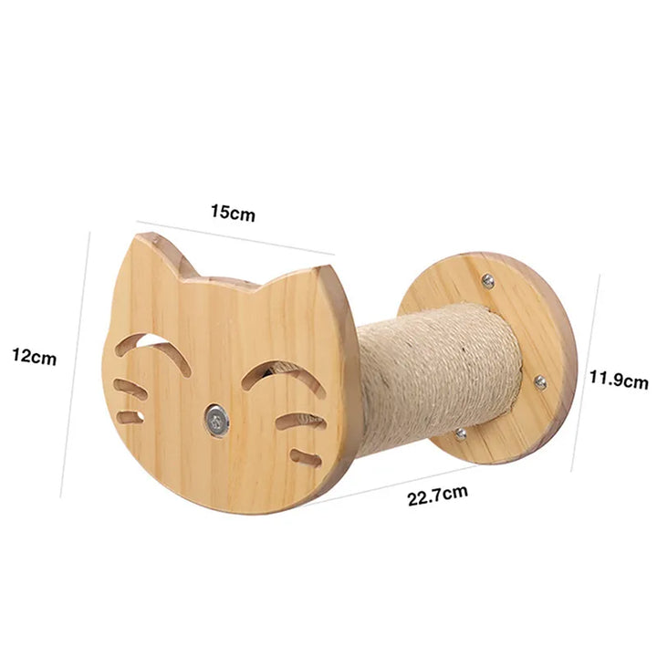 Close-up of wooden cat scratcher texture and integrated cozy lounge with playful toy