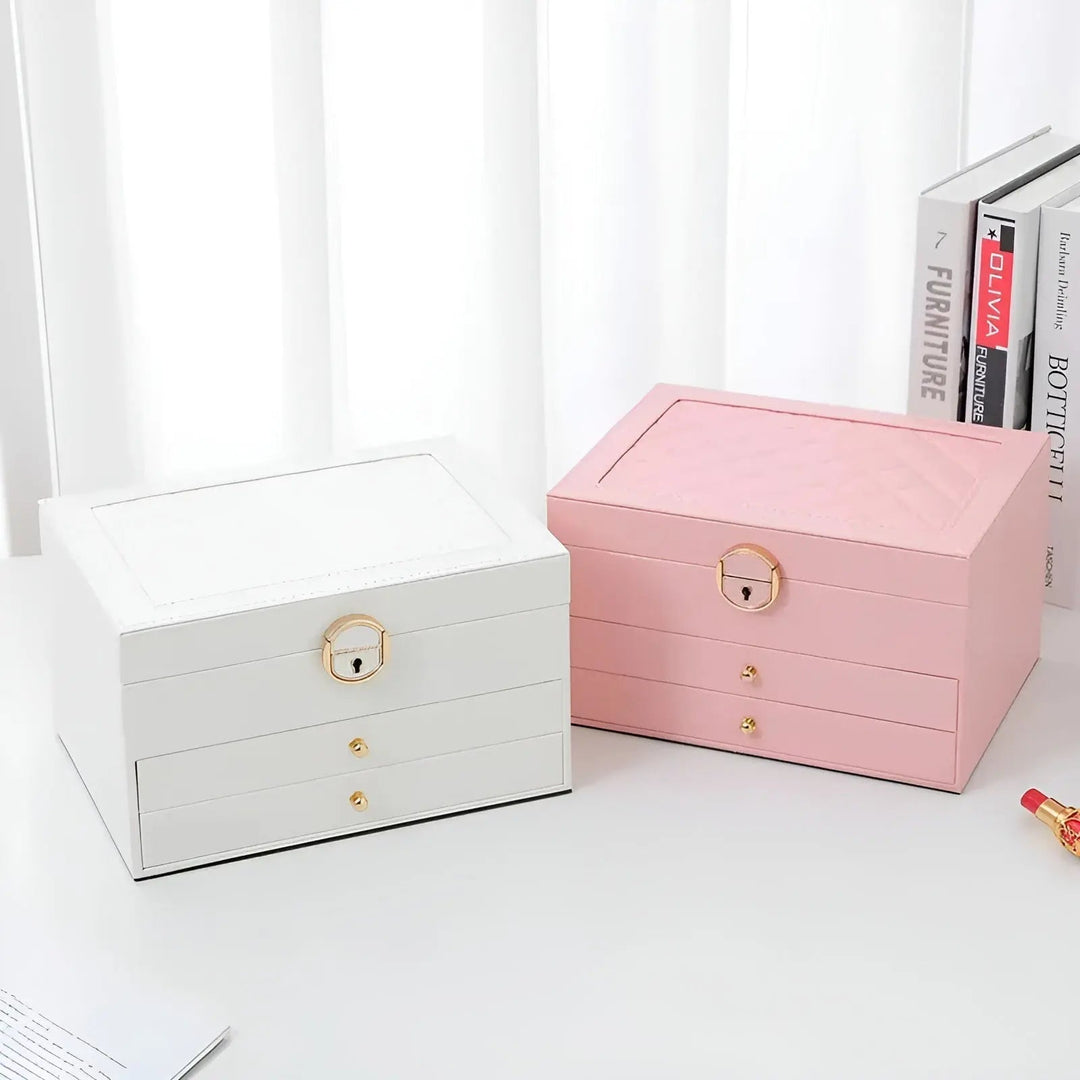 Multi-tier faux leather jewelry organizer, spacious storage for rings, necklaces, earrings.