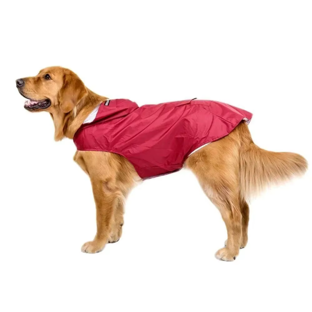 Waterproof dog vest-style raincoat for outdoor pets, featuring reflective safety stripes