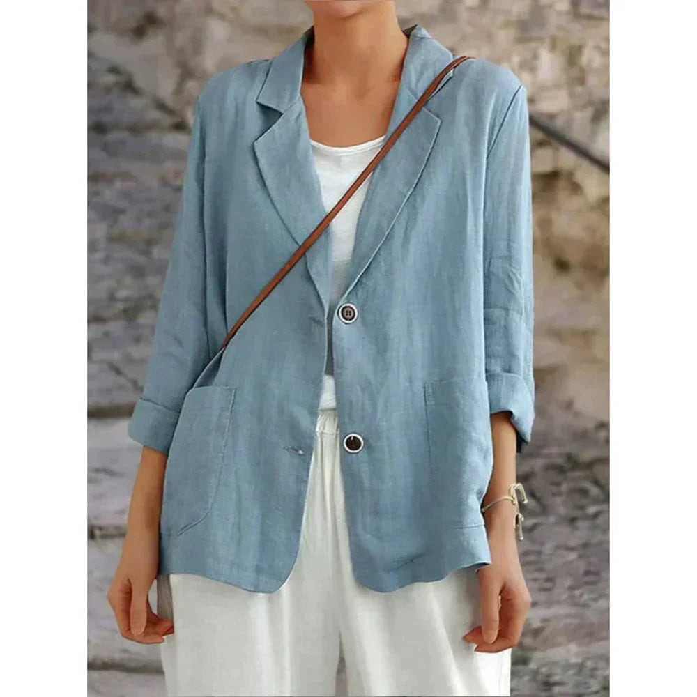 Blue women's versatile lightweight cardigan, a relaxed fit button-up ideal for layering and everyday fashion.