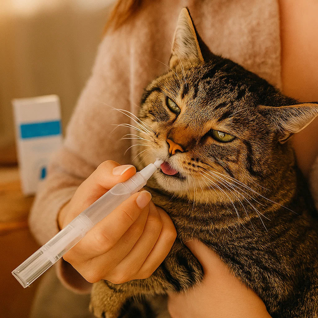 "Zahnpflege Stift für Katzen, hilft gegen Zahnstein, liefert frischen Atem, mit natürlichen Inhaltsstoffen, weiß-grün"