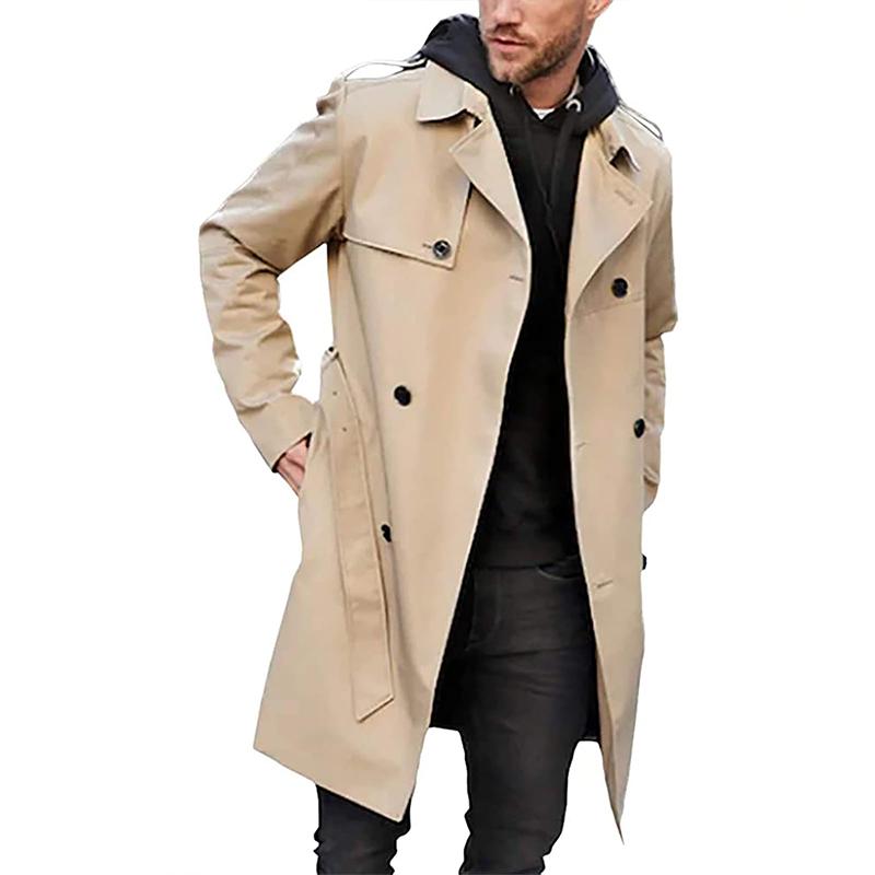 "Zweireihiger Herren-Trenchcoat in Braun mit Reverskragen, elegantes Design für formelle und lässige Anlässe"
