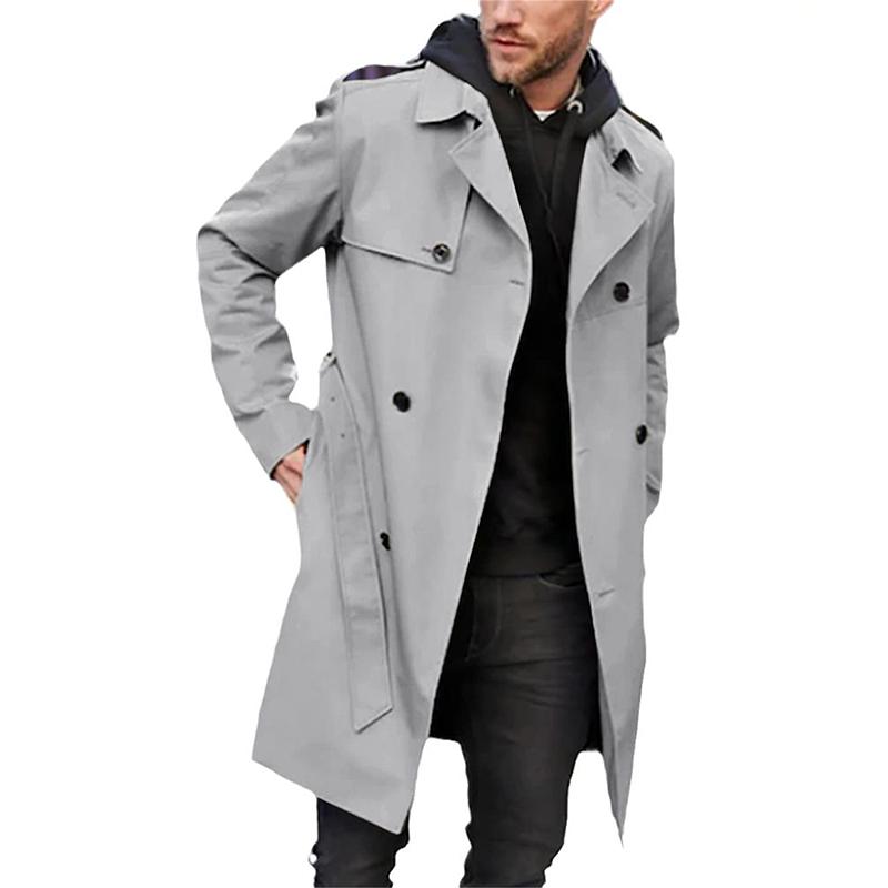"Zweireihiger Herren-Trenchcoat in Braun mit Reverskragen, elegantes Design für formelle und lässige Anlässe"