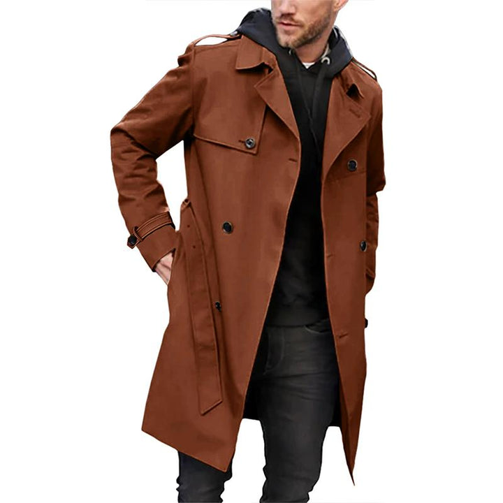 "Zweireihiger Herren-Trenchcoat in Braun mit Reverskragen, elegantes Design für formelle und lässige Anlässe"