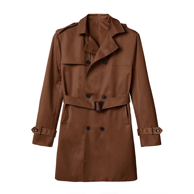 "Zweireihiger Herren-Trenchcoat in Braun mit Reverskragen, elegantes Design für formelle und lässige Anlässe"