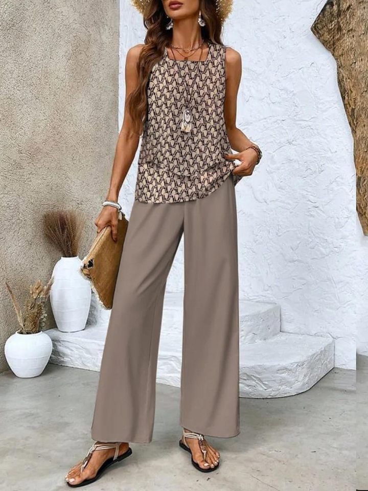Zweiteiliges Damen-Set: Ärmelloses Top & gerade Hose in Beige, schlanke Passform, stilvoll für jeden Anlass, atmungsaktiv.