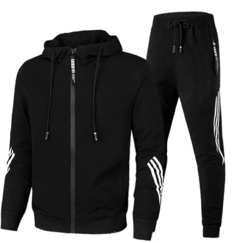 "Zweiteiliges Herren-Trainingsanzug-Set, sportlich-modern, in Schwarz mit praktischen Taschen und schlanker Passform"