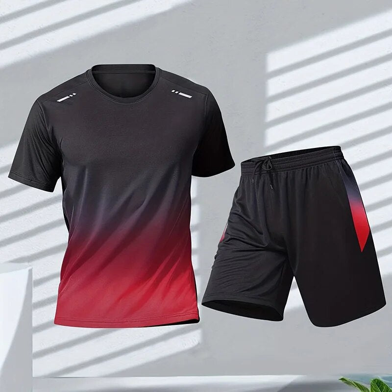 "Zweiteiliges Sportset mit modernem Farbverlauf, bestehend aus Kurzarmshirt und Shorts mit elastischem Bund, in Blau"