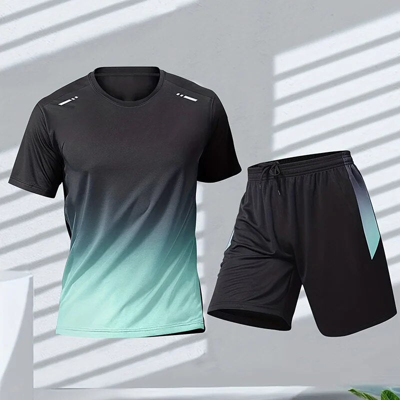"Zweiteiliges Sportset mit modernem Farbverlauf, bestehend aus Kurzarmshirt und Shorts mit elastischem Bund, in Blau"