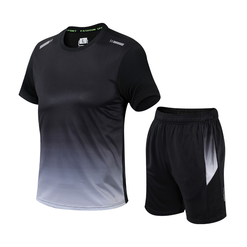 "Zweiteiliges Sportset mit modernem Farbverlauf, bestehend aus Kurzarmshirt und Shorts mit elastischem Bund, in Blau"