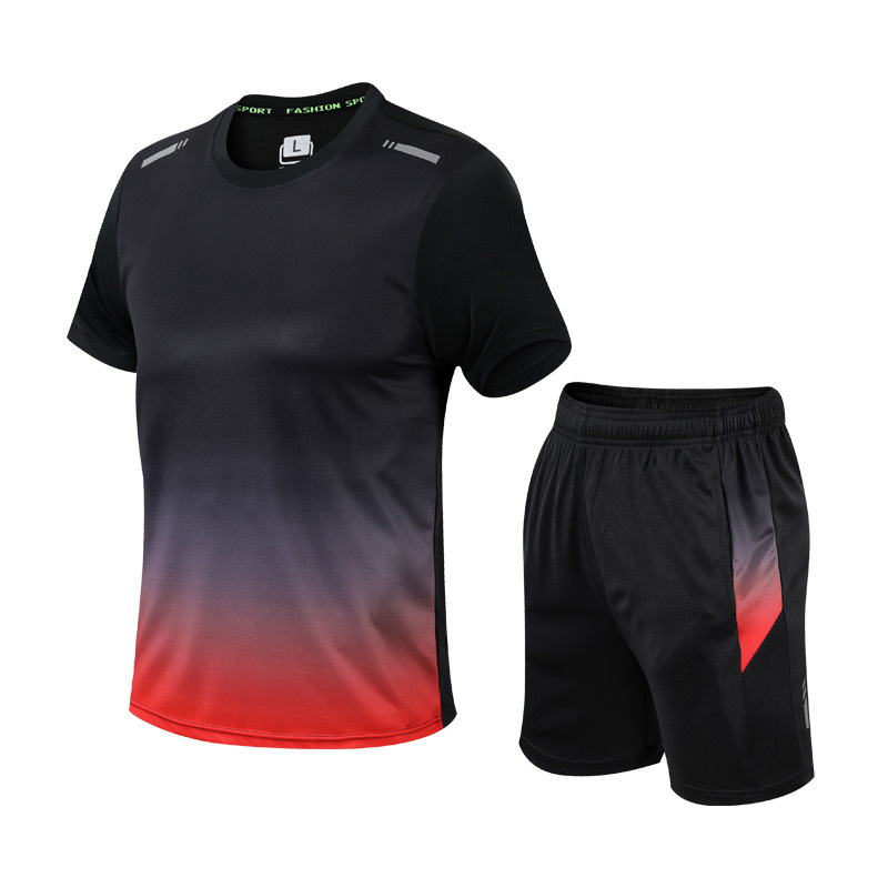 "Zweiteiliges Sportset mit modernem Farbverlauf, bestehend aus Kurzarmshirt und Shorts mit elastischem Bund, in Blau"
