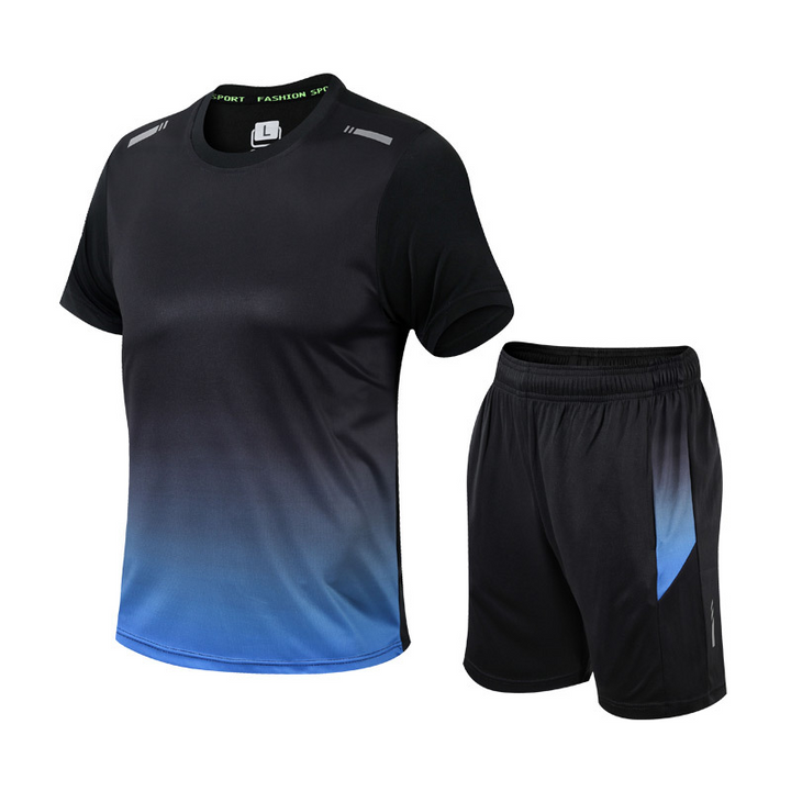 "Zweiteiliges Sportset mit modernem Farbverlauf, bestehend aus Kurzarmshirt und Shorts mit elastischem Bund, in Blau"